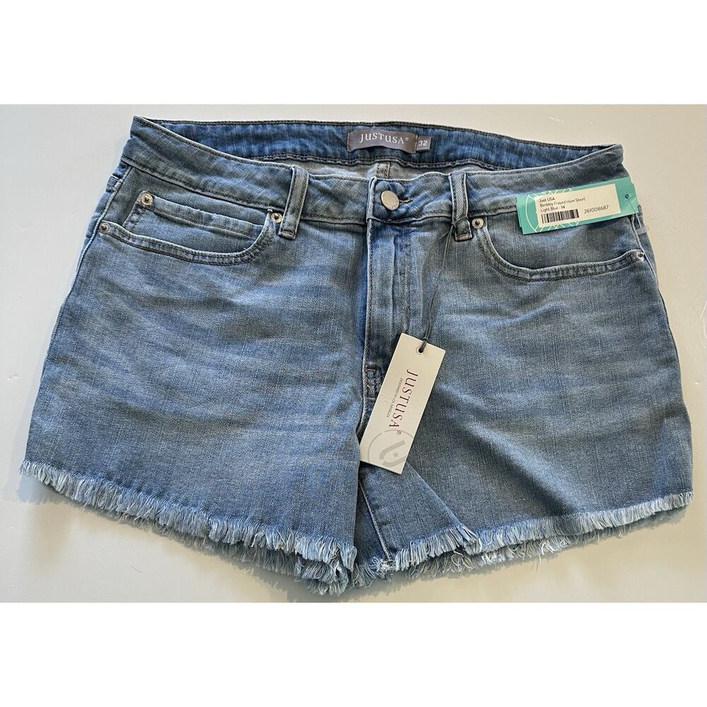 JUSTUSA Womens Sz 32 Medium Wash Stretch Denim Hi Rise Cut Off Jean Shorts NWT